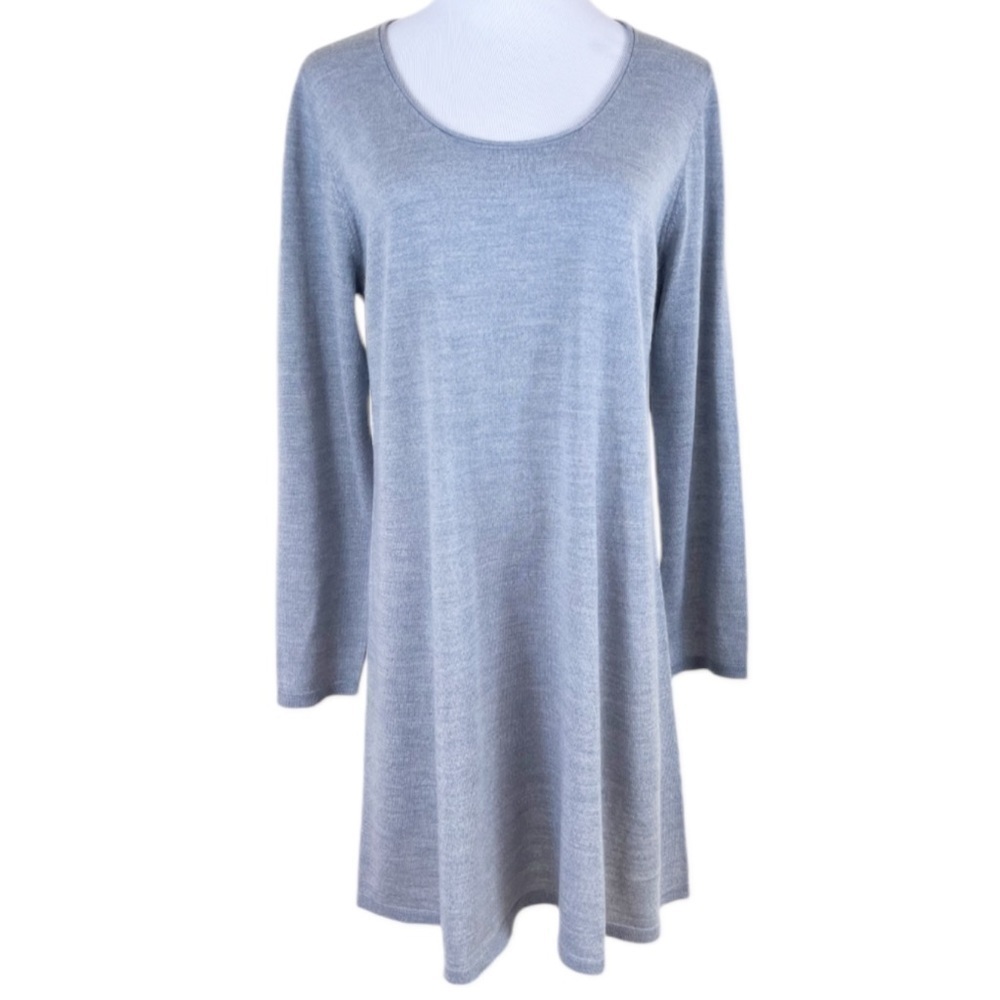 Eileen Fisher Merino Wool Jewel Neck Long Sleeve Knit Tunic Top Gray Medium